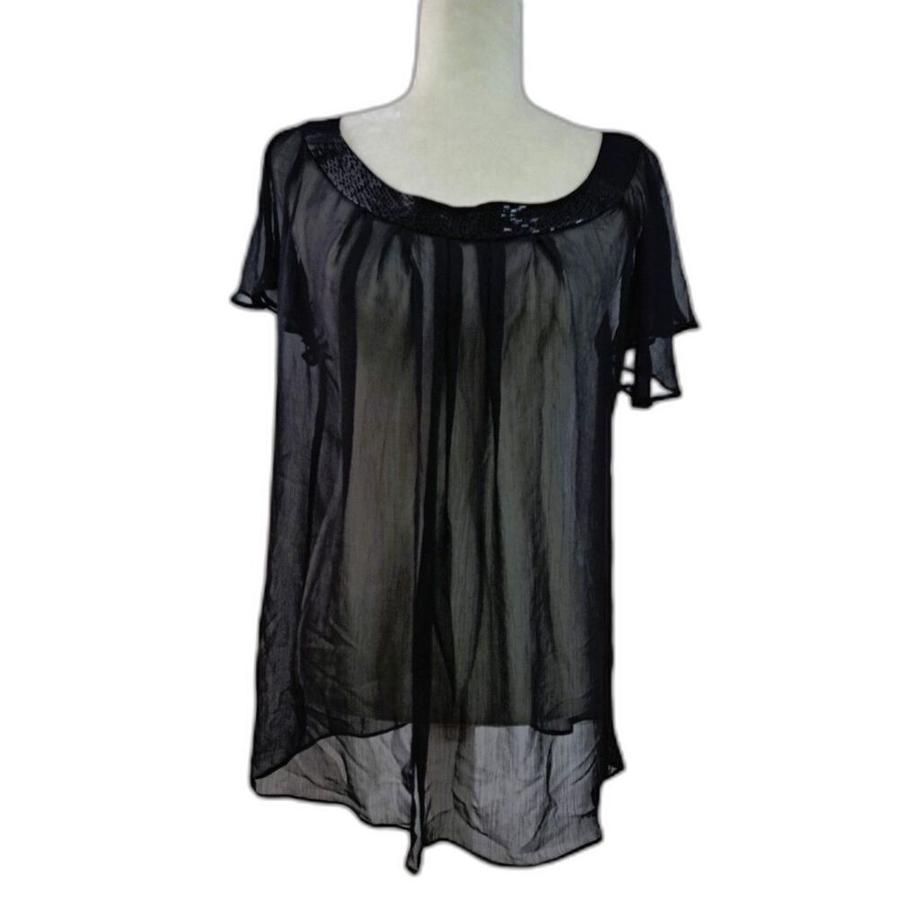 Apostrophe Women's Black Sheer Blouse Top Flutter Sleeves Embellished Collar L
